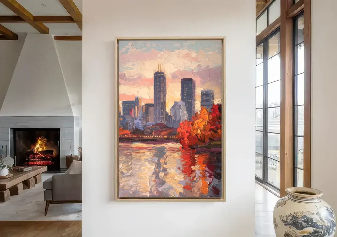 Boston Skyline with Fall Colors canvas wall art in a living room with a fireplace