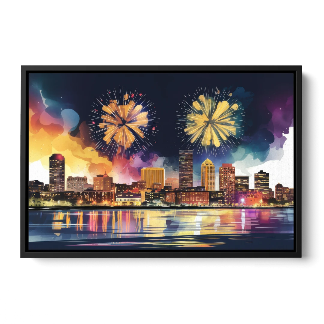 Boston Skyline With Fireworks - Black Framed Canvas Wall Art - Front