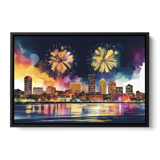 Boston Skyline With Fireworks - Black Framed Canvas Wall Art - Front