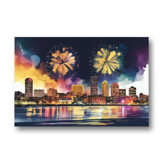 Boston Skyline With Fireworks - Canvas Wall Art - Front