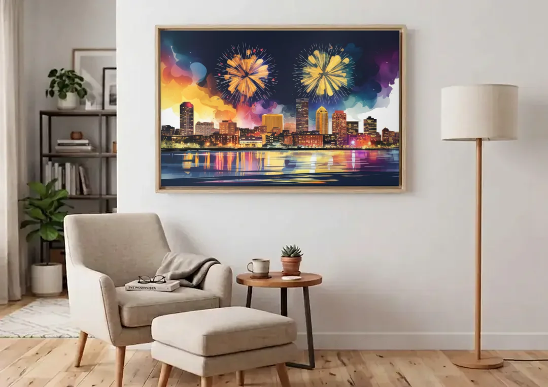 Boston Skyline With Fireworks canvas wall art above an armchair in a bright living room