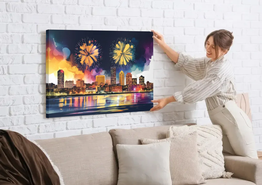 Boston Skyline With Fireworks canvas wall art being hung on a white brick wall above a sofa