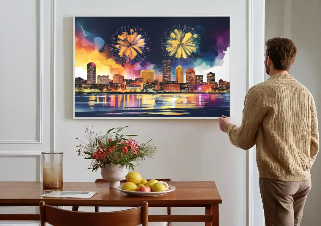 Boston Skyline With Fireworks canvas wall art above a dining table