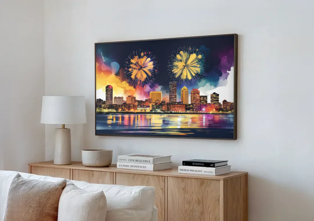 Boston Skyline With Fireworks canvas wall art above a wooden sideboard next to a sofa