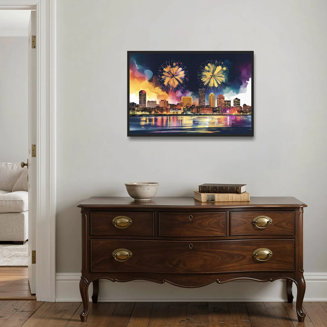 Boston Skyline With Fireworks - Black Framed Canvas Wall Art - Coffee Table - 36x24