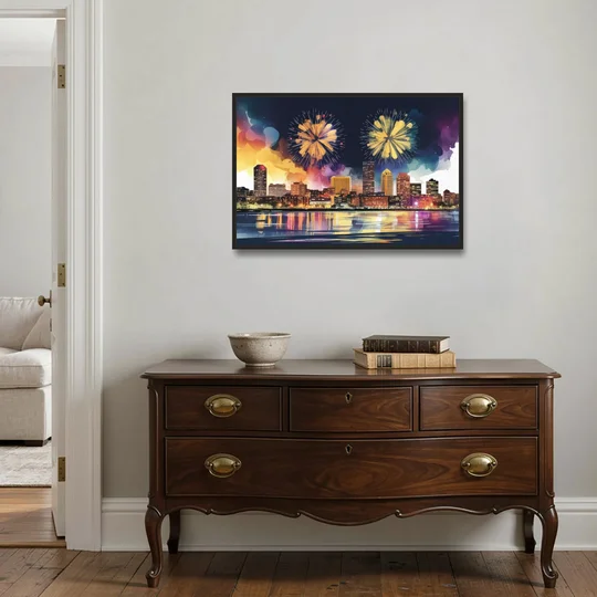 Boston Skyline With Fireworks - Black Framed Canvas Wall Art - Coffee Table - 36x24