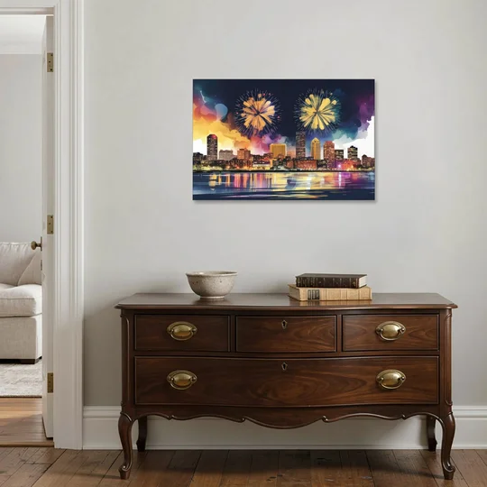 Boston Skyline With Fireworks - Canvas Wall Art - Coffee Table - 36x24