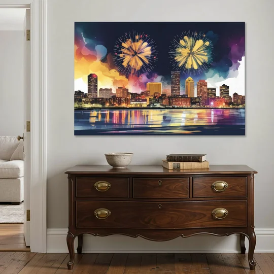 Boston Skyline With Fireworks - Canvas Wall Art - Coffee Table - 60x40