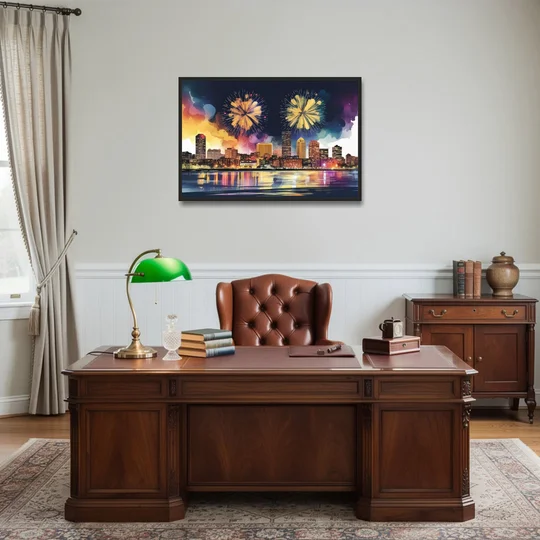 Boston Skyline With Fireworks - Black Framed Canvas Wall Art - Office - 36x24