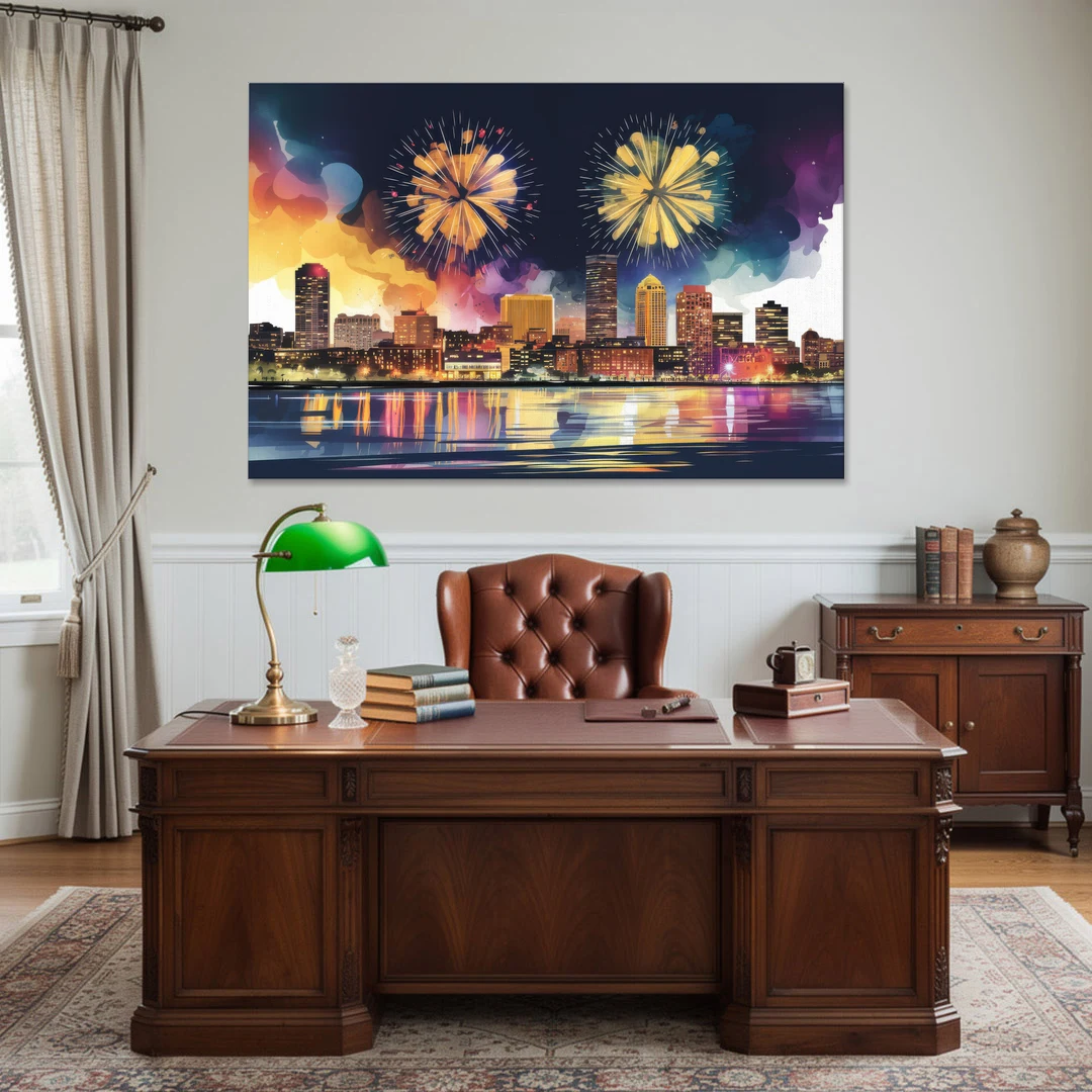 Boston Skyline With Fireworks - Canvas Wall Art - Office - 60x40