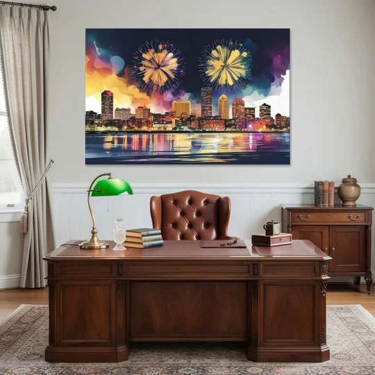 Boston Skyline With Fireworks - Canvas Wall Art - Office - 60x40
