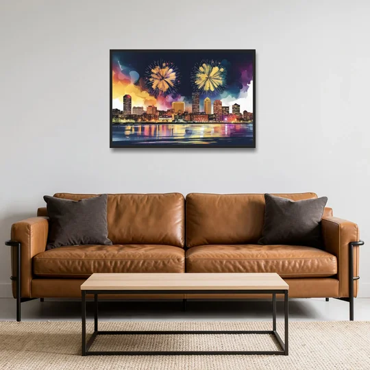 Boston Skyline With Fireworks - Black Framed Canvas Wall Art - Sofa - 36x24