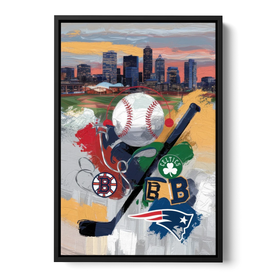 Boston Sports Teams Tribute - Black Framed Canvas Wall Art - Front