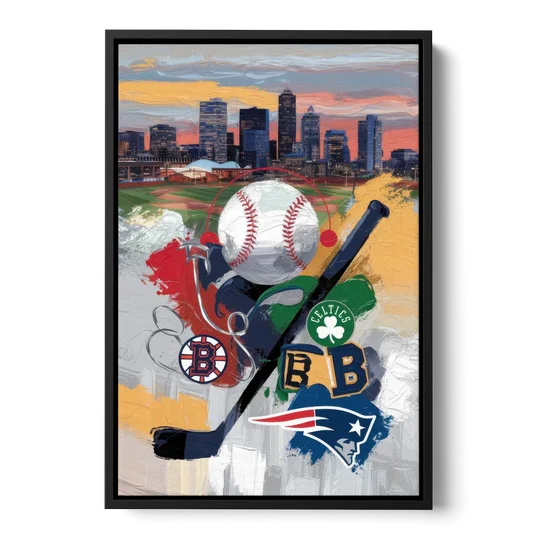 Boston Sports Teams Tribute - Black Framed Canvas Wall Art - Front