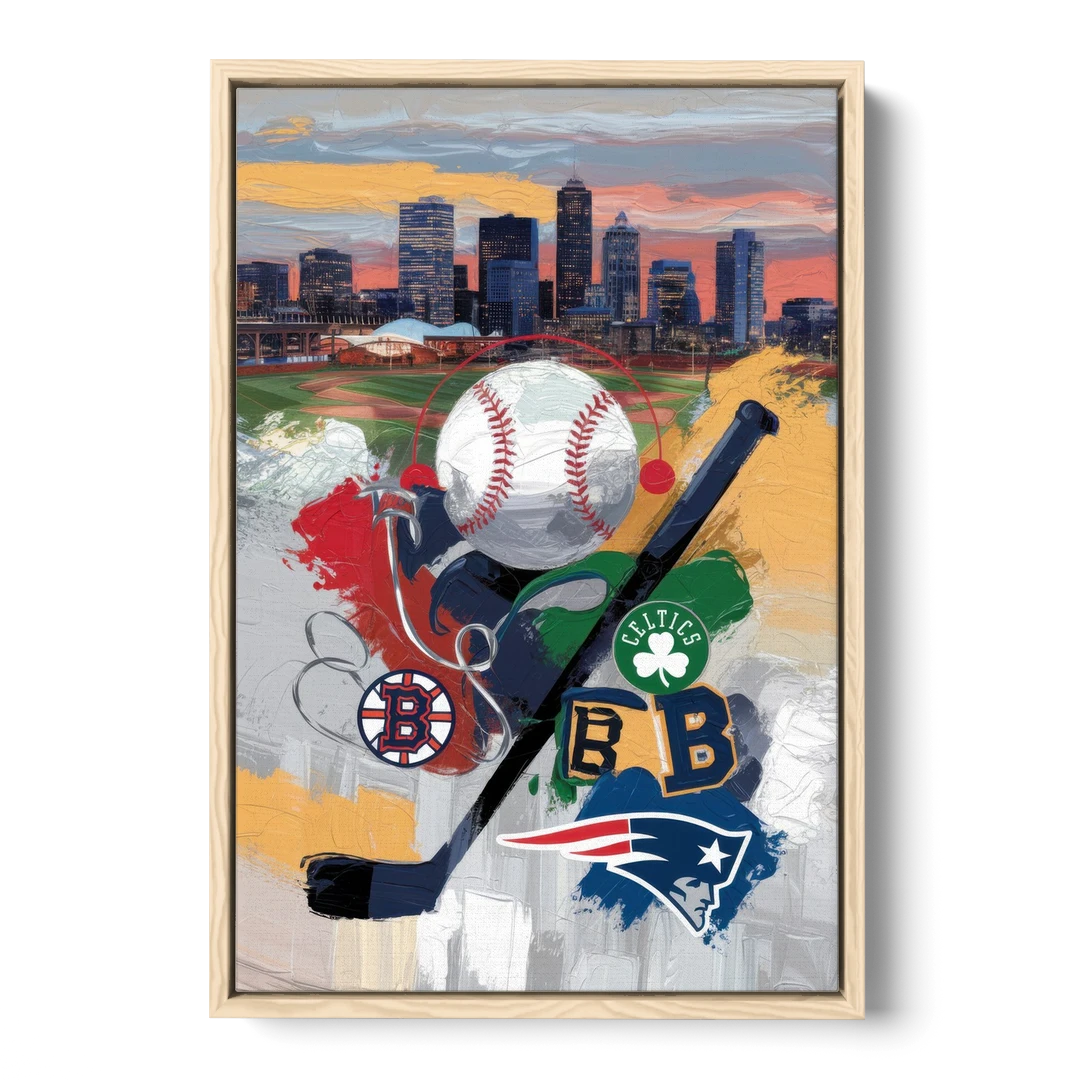 Boston Sports Teams Tribute - Oak Framed Canvas Wall Art - Front