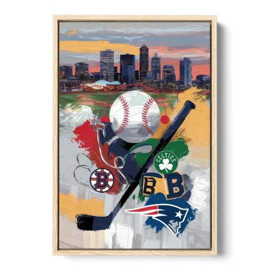 Boston Sports Teams Tribute - Oak Framed Canvas Wall Art - Front