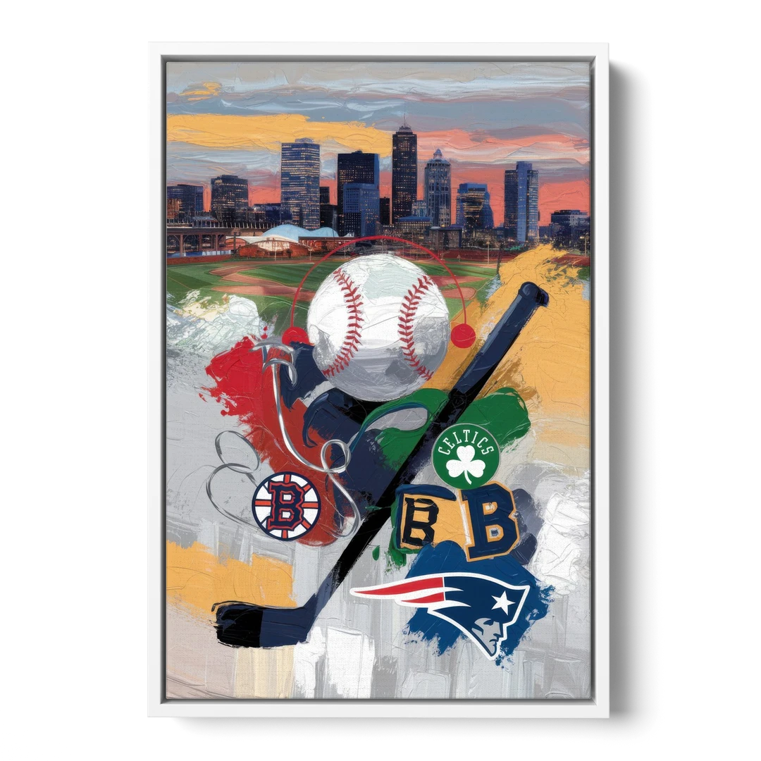 Boston Sports Teams Tribute - White Framed Canvas Wall Art - Front