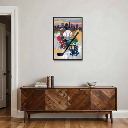 Boston Sports Teams Tribute - Black Framed Canvas Wall Art - Coffee Table - 24x36