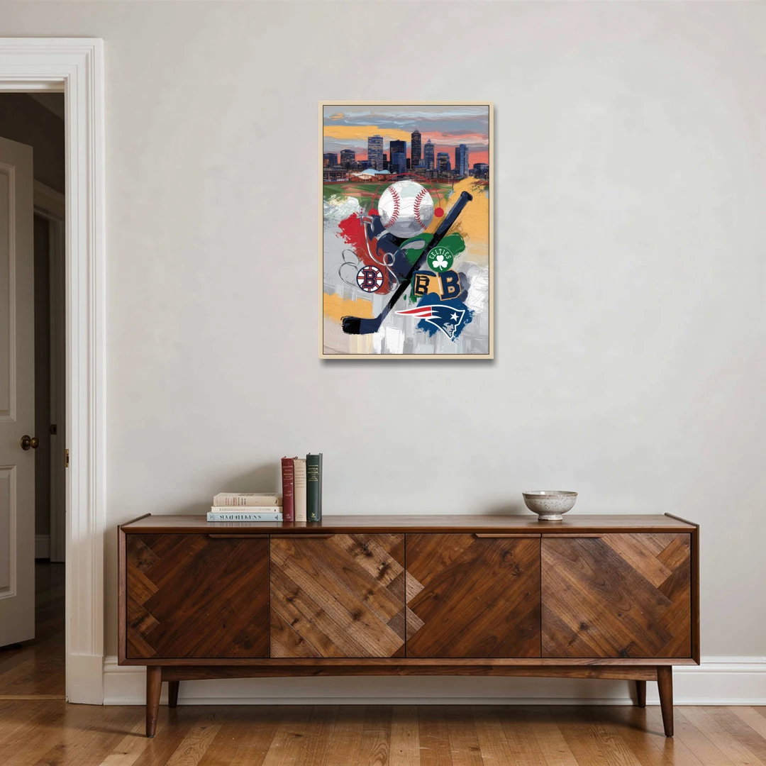 Boston Sports Teams Tribute - Oak Framed Canvas Wall Art - Coffee Table - 24x36