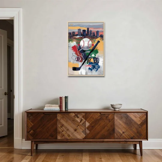 Boston Sports Teams Tribute - Oak Framed Canvas Wall Art - Coffee Table - 24x36