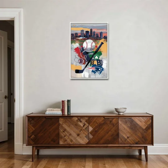 Boston Sports Teams Tribute - White Framed Canvas Wall Art - Coffee Table - 24x36
