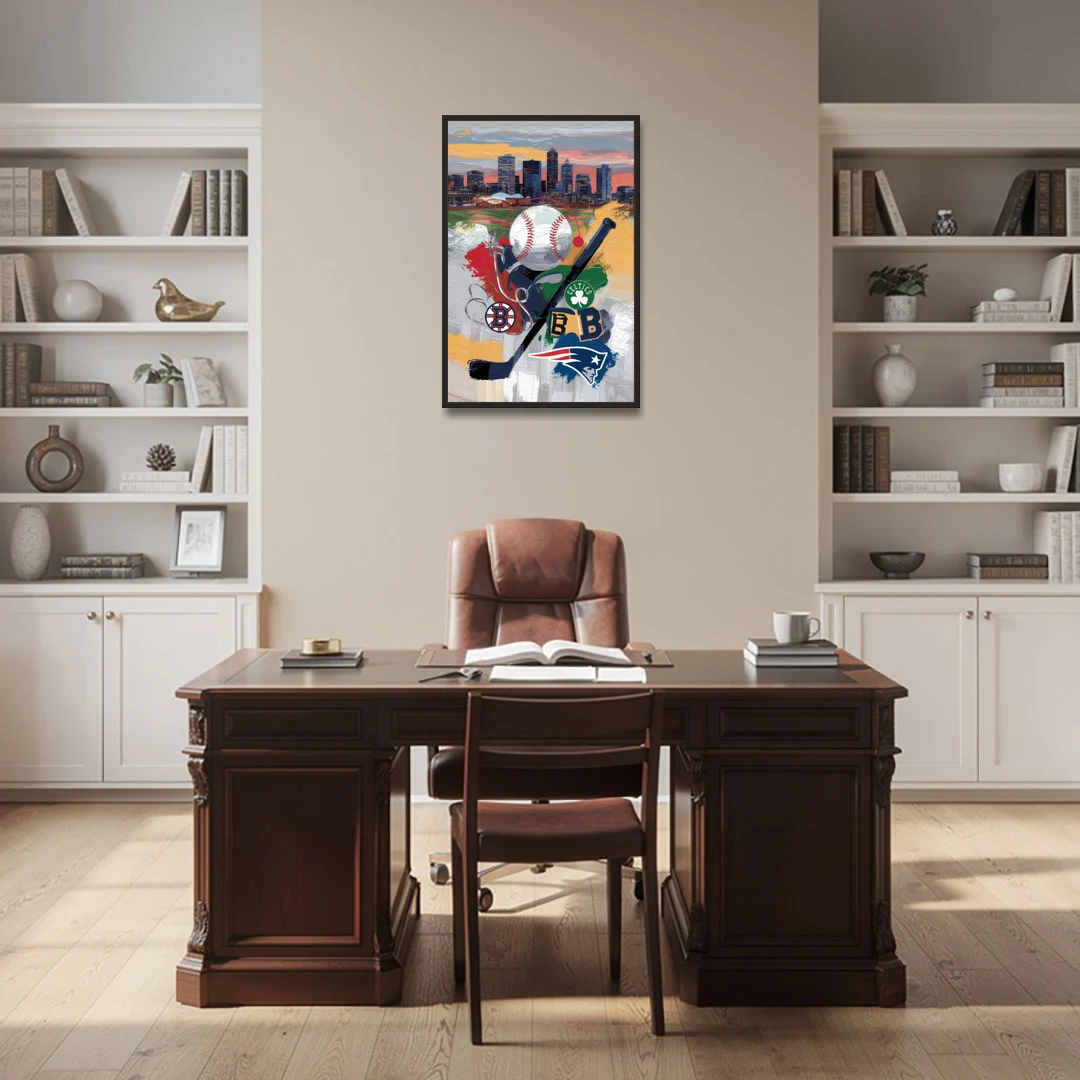 Boston Sports Teams Tribute - Black Framed Canvas Wall Art - Office - 24x36