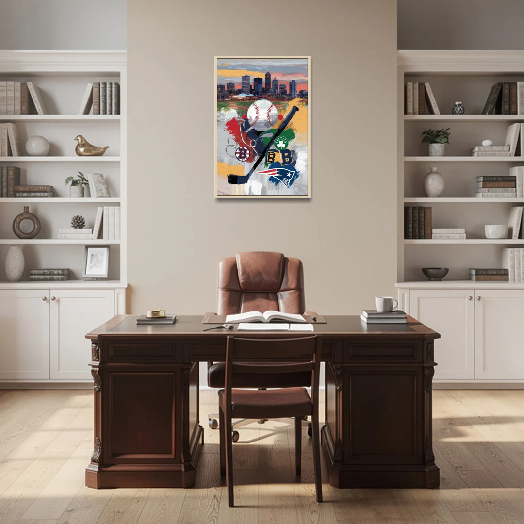 Boston Sports Teams Tribute - Oak Framed Canvas Wall Art - Office - 24x36
