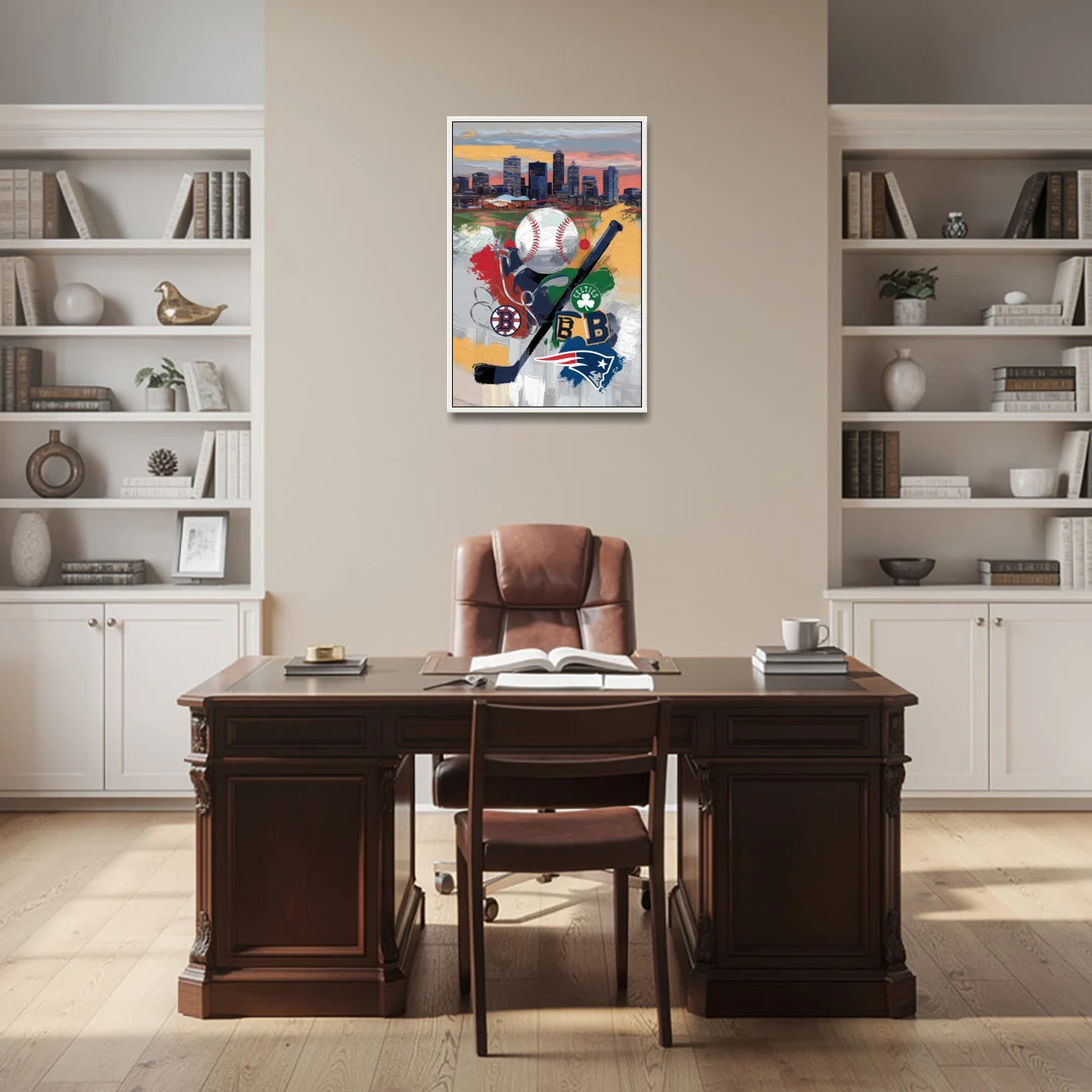 Boston Sports Teams Tribute - White Framed Canvas Wall Art - Office - 24x36