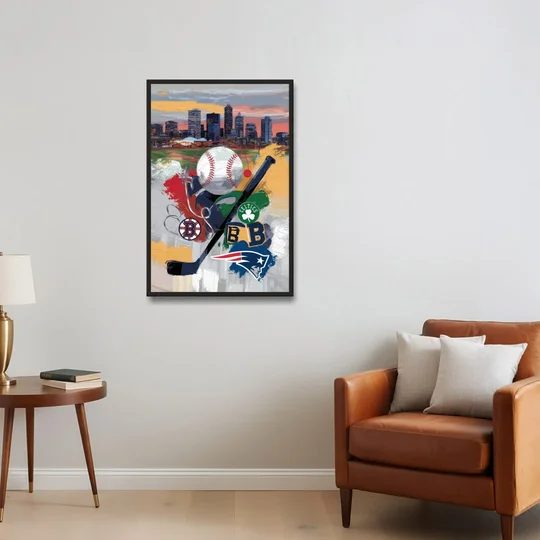 Boston Sports Teams Tribute - Black Framed Canvas Wall Art - Sofa - 24x36