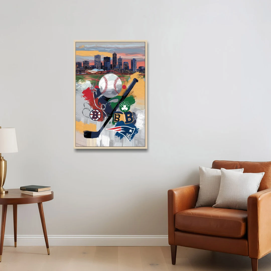 Boston Sports Teams Tribute - Oak Framed Canvas Wall Art - Sofa - 24x36