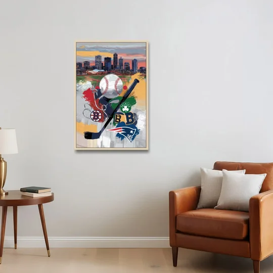 Boston Sports Teams Tribute - Oak Framed Canvas Wall Art - Sofa - 24x36