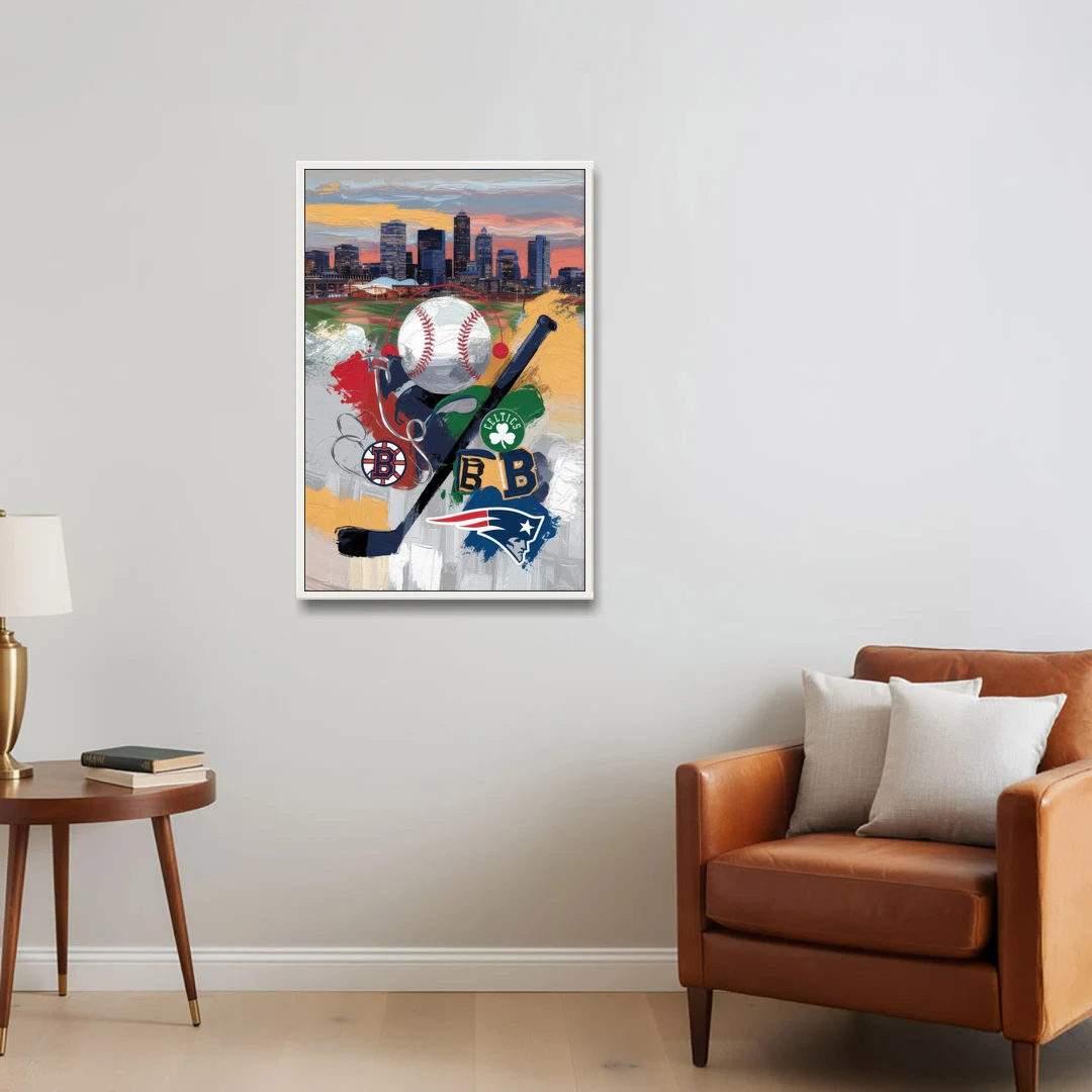 Boston Sports Teams Tribute - White Framed Canvas Wall Art - Sofa - 24x36