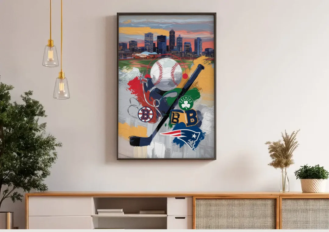 Boston Sports Teams Tribute canvas wall art above a wooden sideboard under pendant lights