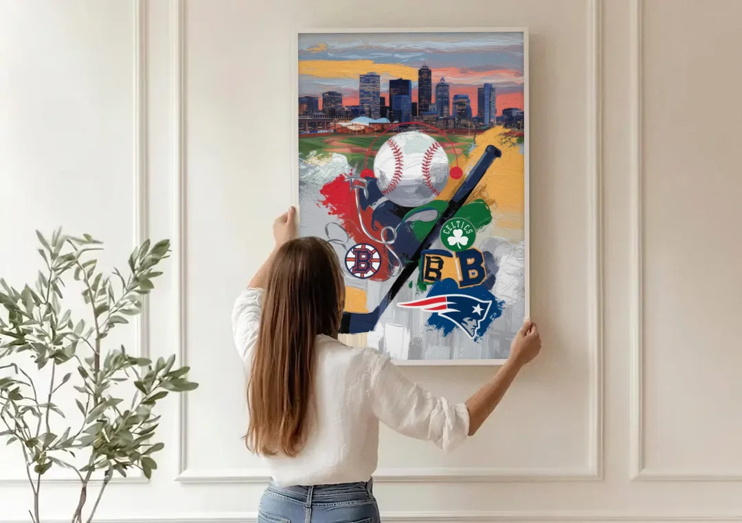 Boston Sports Teams Tribute canvas wall art being hung on a paneled wall