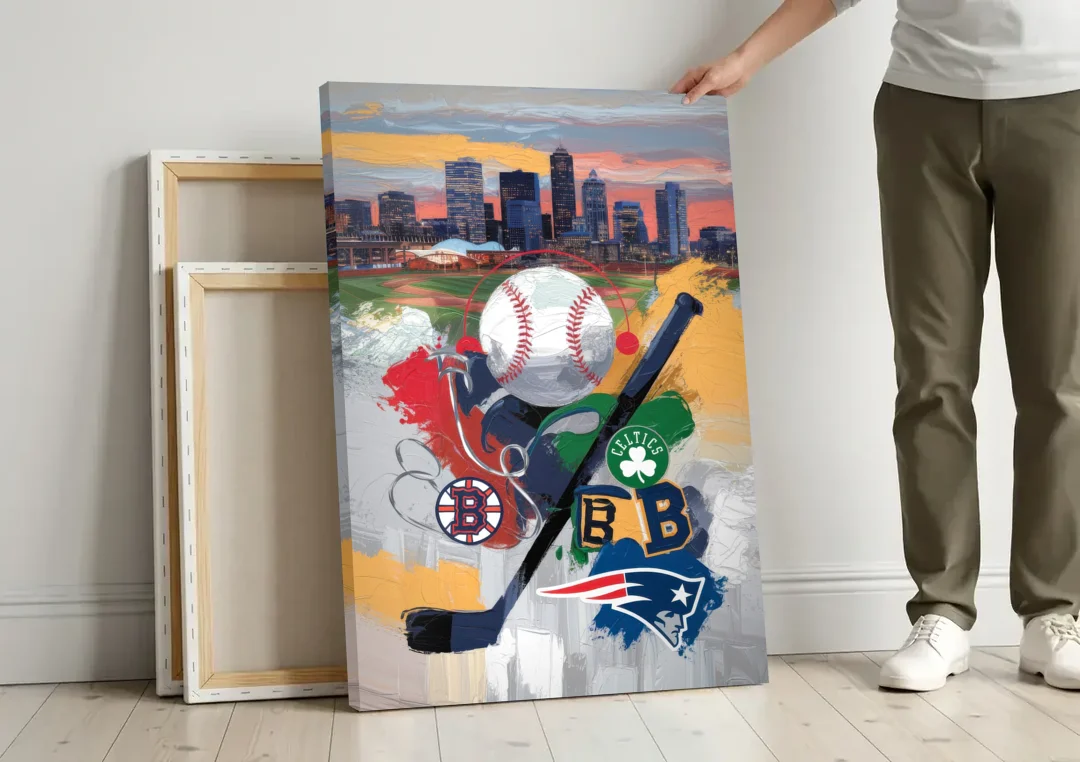 Boston Sports Teams Tribute canvas wall art leaning against a wall next to blank canvases