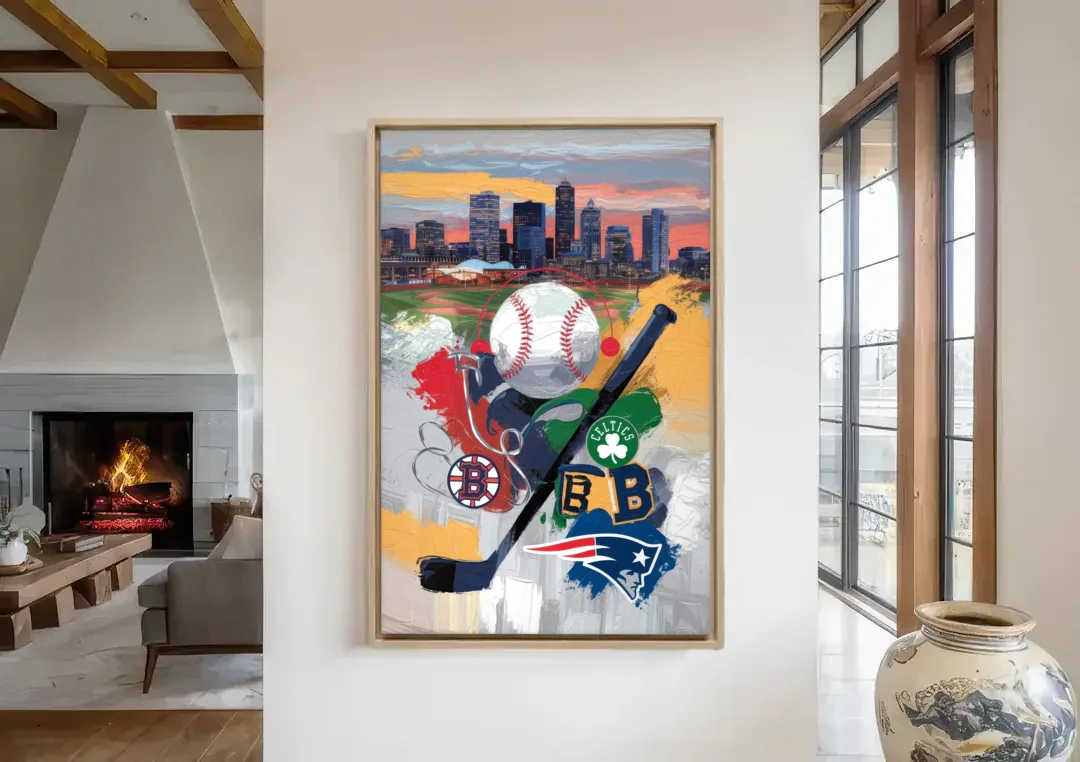 Boston Sports Teams Tribute canvas wall art in a living room with a fireplace