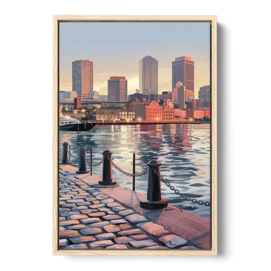 Boston Waterfront Serenity - Oak Framed Canvas Wall Art - Front