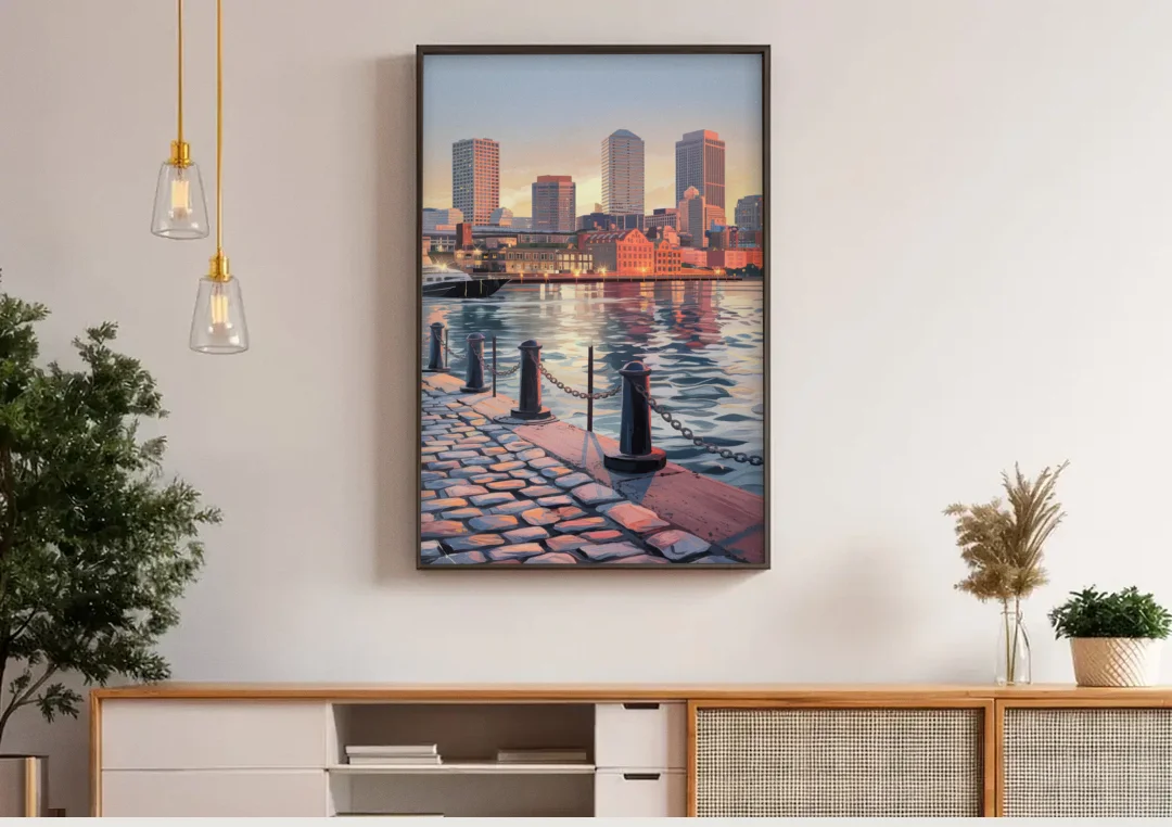 Boston Waterfront Serenity canvas wall art above a wooden sideboard under pendant lights