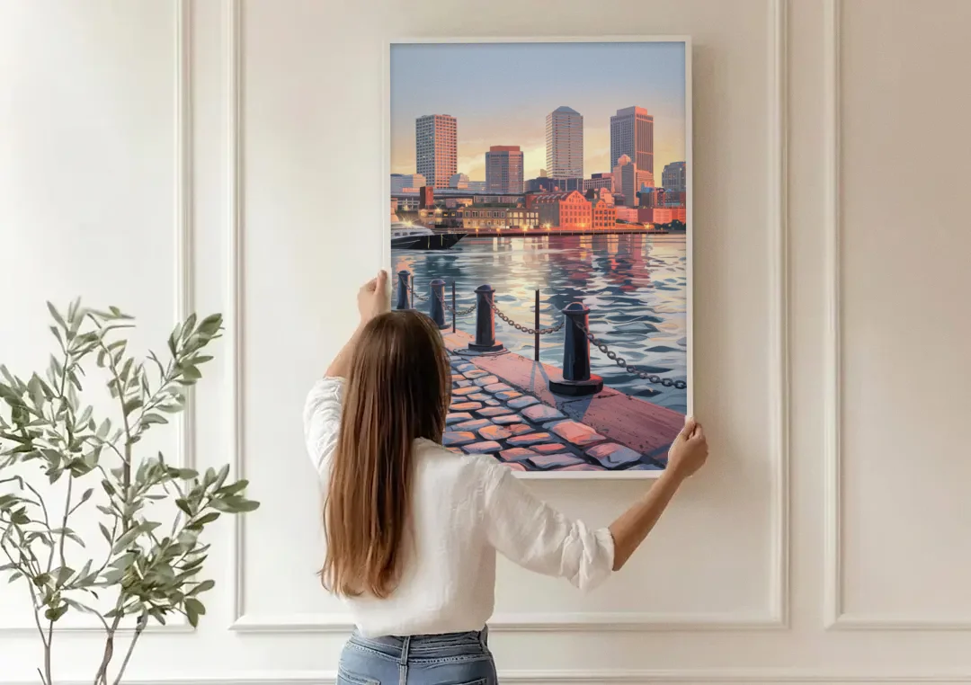 Boston Waterfront Serenity canvas wall art being hung on a paneled wall