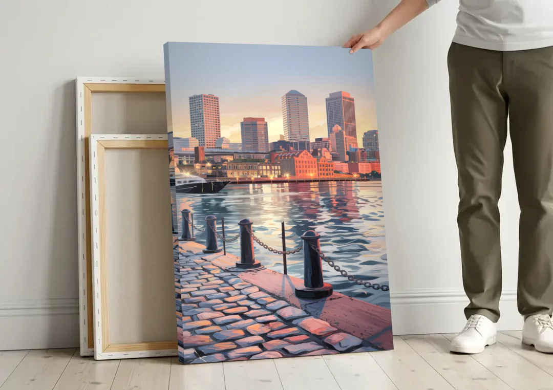 Boston Waterfront Serenity canvas wall art leaning against a wall next to blank canvases