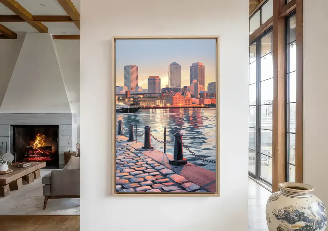 Boston Waterfront Serenity canvas wall art in a living room with a fireplace