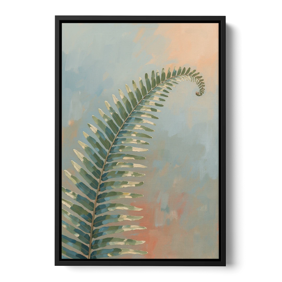 Botanical Arching Fern Frond in Early Light - Black Framed Canvas Wall Art - Front