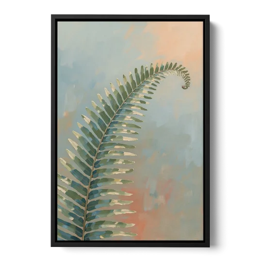Botanical Arching Fern Frond in Early Light - Black Framed Canvas Wall Art - Front
