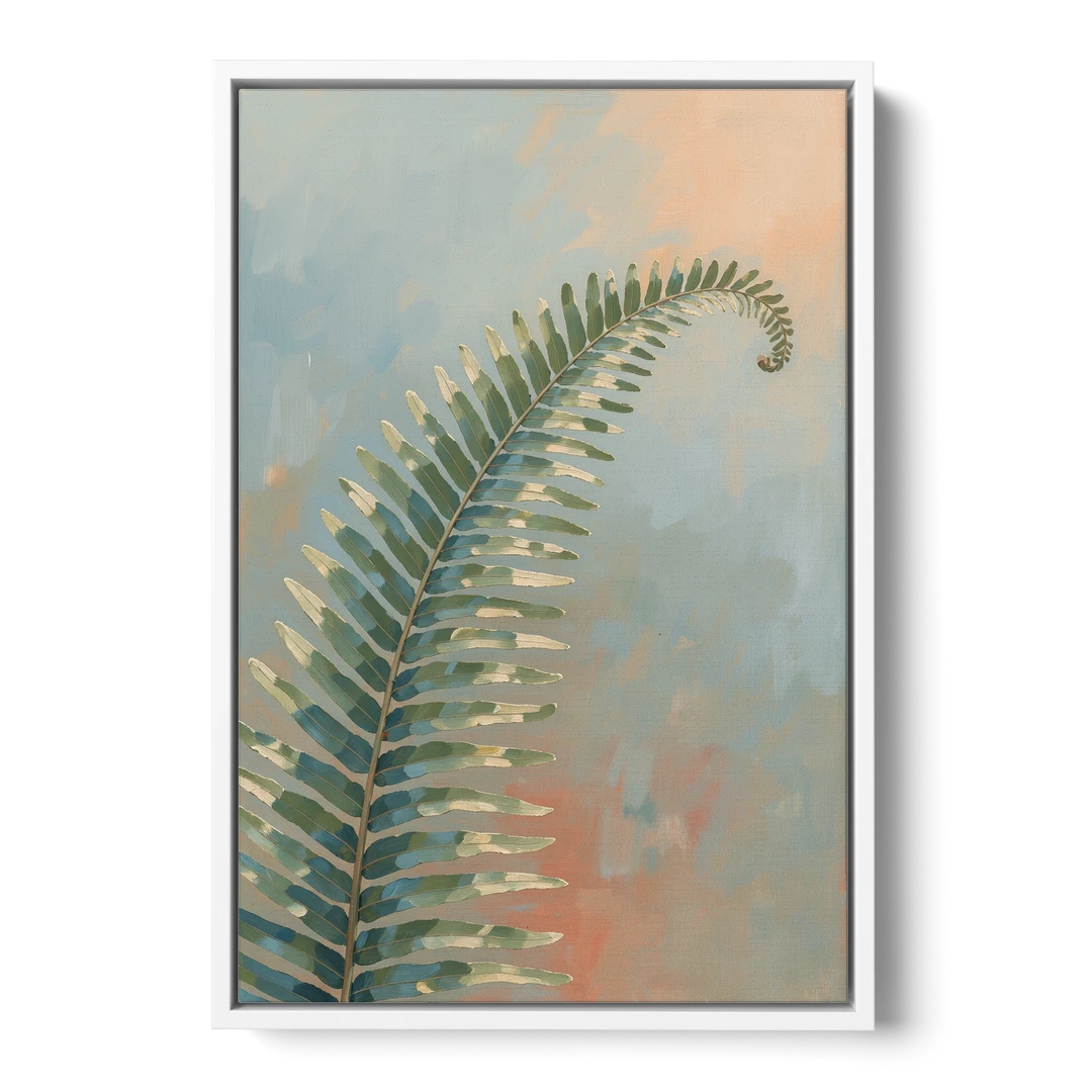 Botanical Arching Fern Frond in Early Light - White Framed Canvas Wall Art - Front