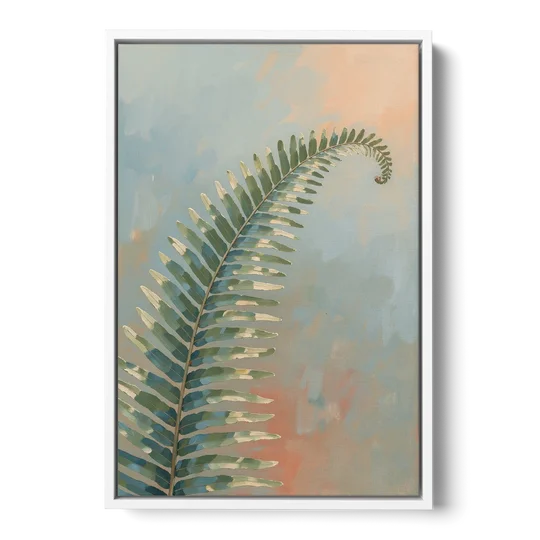 Botanical Arching Fern Frond in Early Light - White Framed Canvas Wall Art - Front