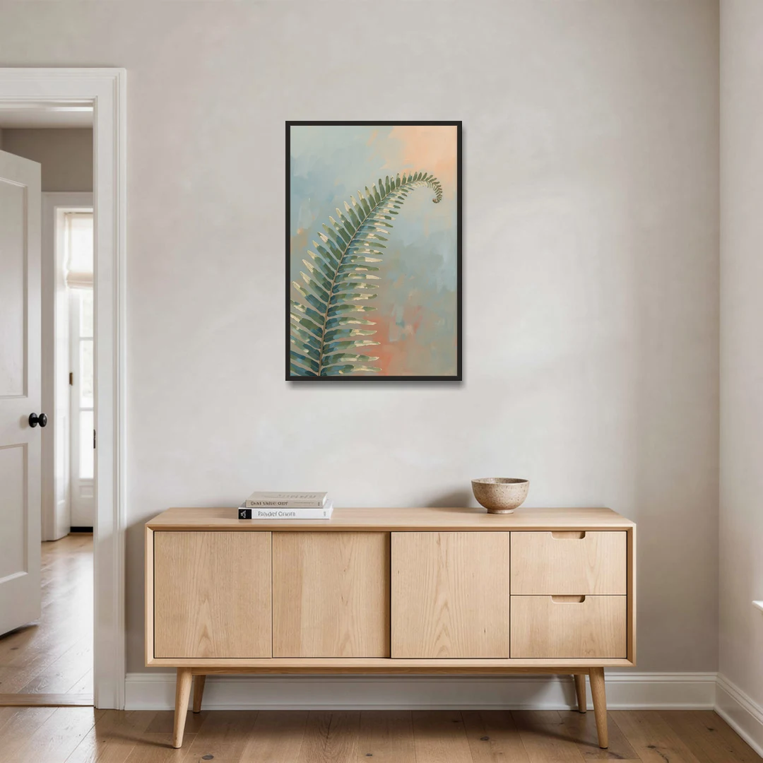 Botanical Arching Fern Frond in Early Light - Black Framed Canvas Wall Art - Coffee Table - 24x36