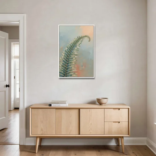 Botanical Arching Fern Frond in Early Light - White Framed Canvas Wall Art - Coffee Table - 24x36