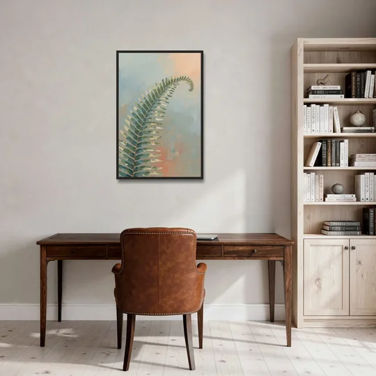 Botanical Arching Fern Frond in Early Light - Black Framed Canvas Wall Art - Office - 24x36