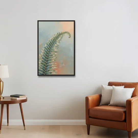 Botanical Arching Fern Frond in Early Light - Black Framed Canvas Wall Art - Sofa - 24x36