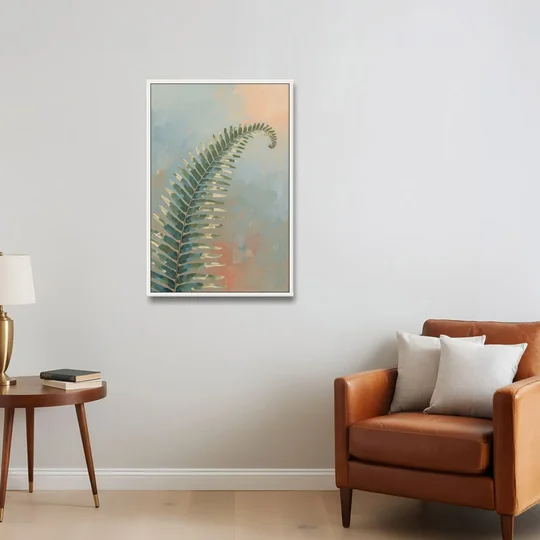 Botanical Arching Fern Frond in Early Light - White Framed Canvas Wall Art - Sofa - 24x36
